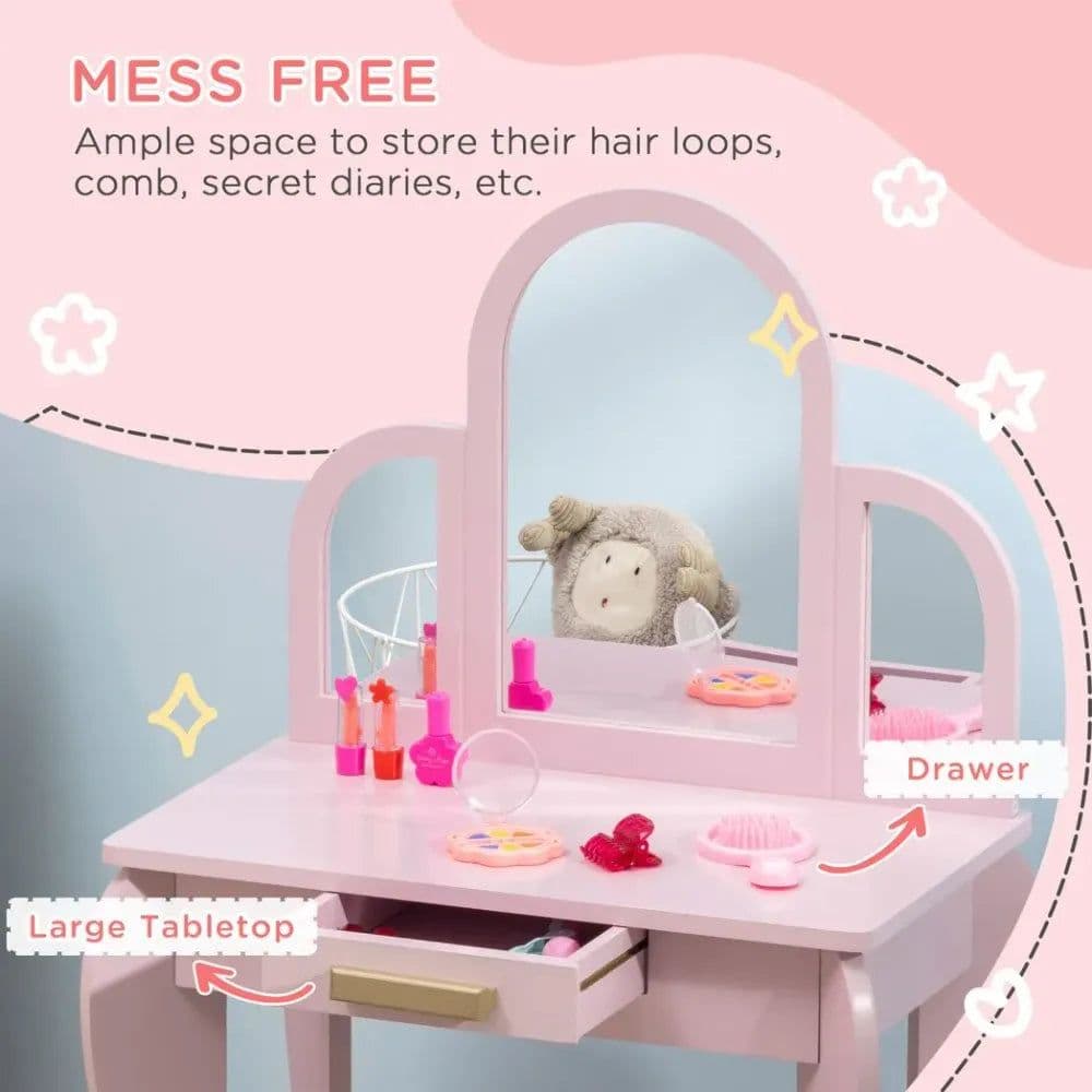 image-Kids Dressing Table and Stool w/ Mirror and Drawer, for Ages 3-6 Years - Pink