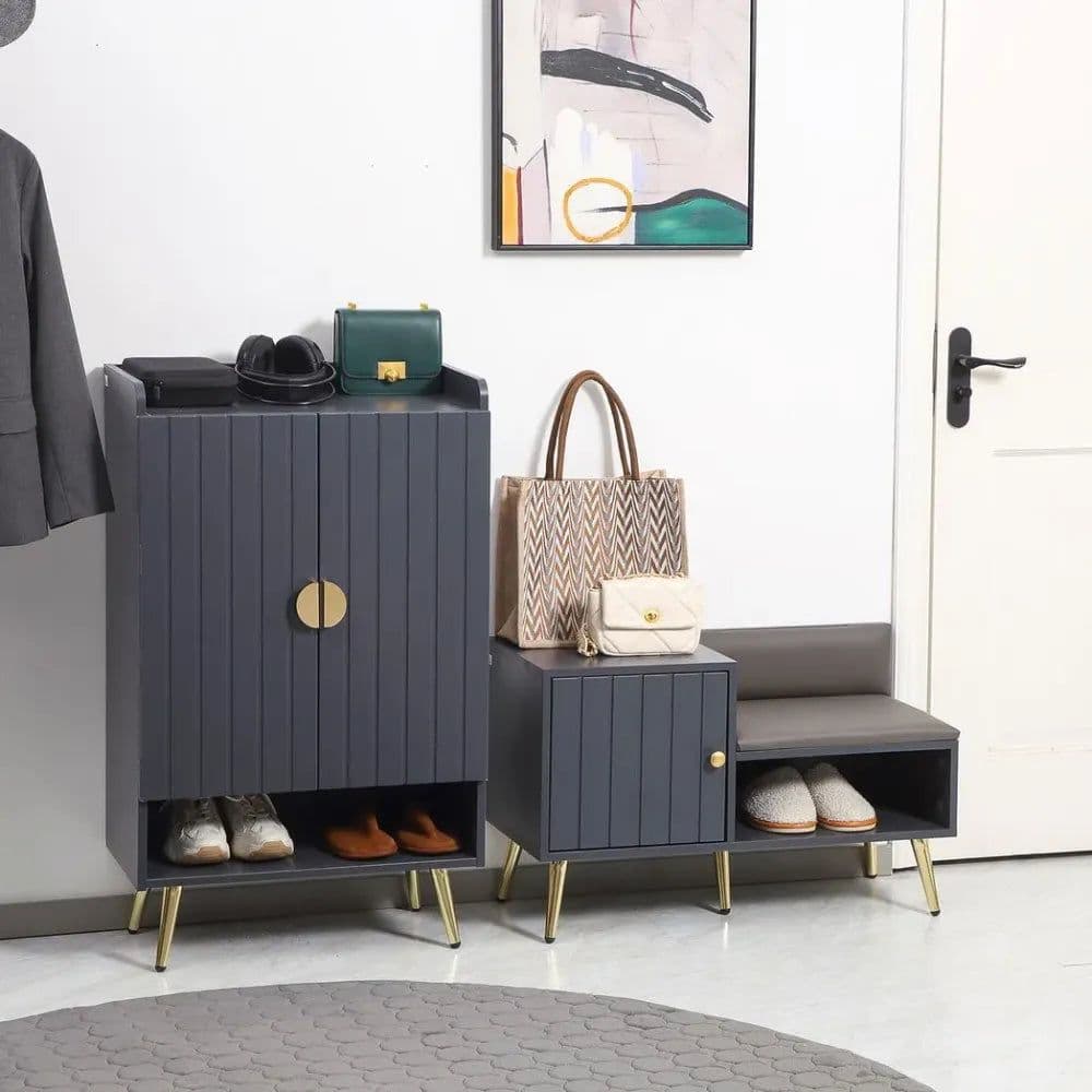 image-Shoe Bench with Storage Cabinet, Seating Cushion for Entryway Hallway Grey