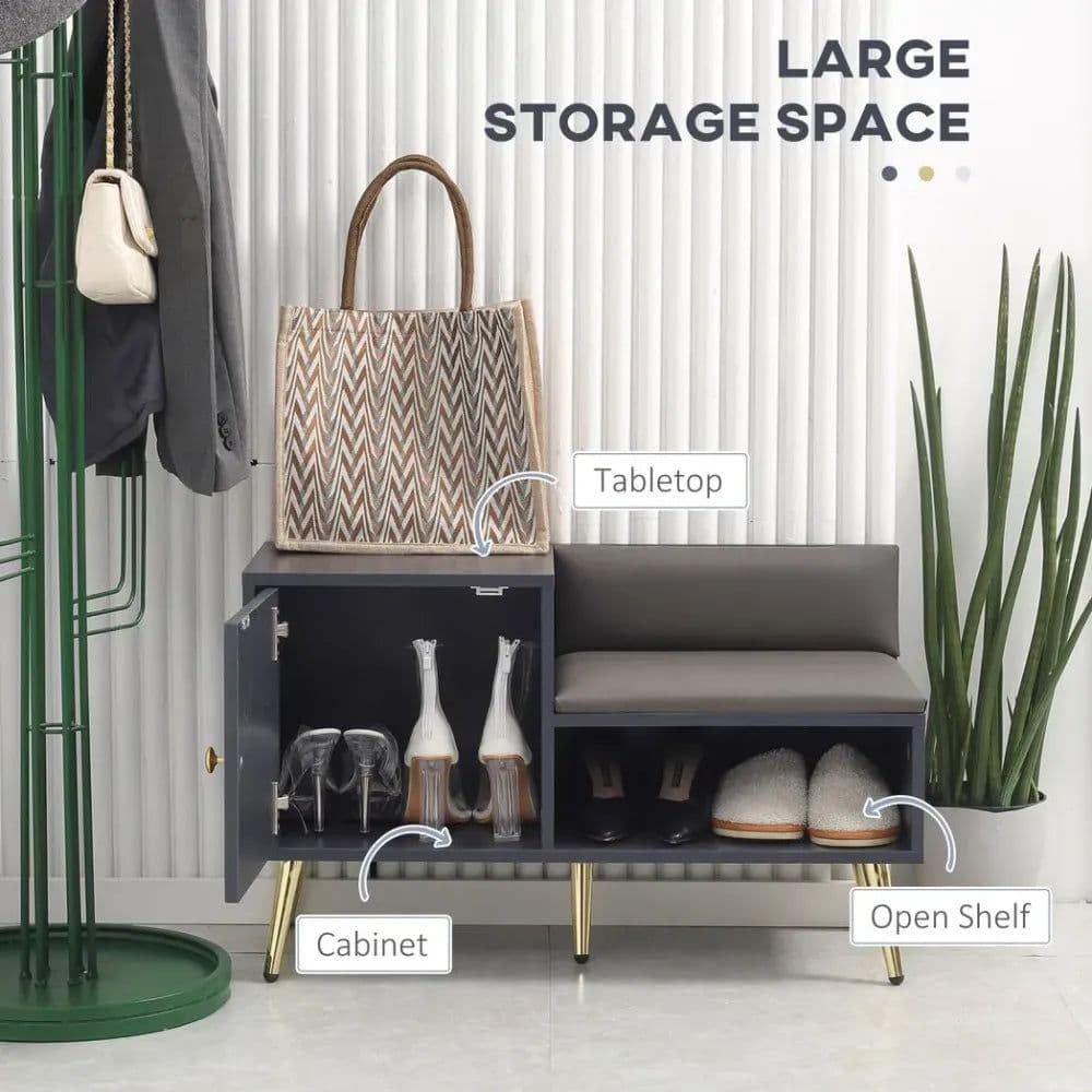 image-Shoe Bench with Storage Cabinet, Seating Cushion for Entryway Hallway Grey
