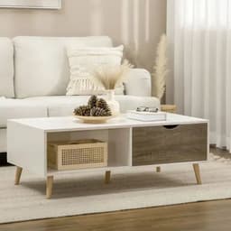 image-Modern Coffee Tables for Living Room w/ Storage Shelves, 2 Drawers, White