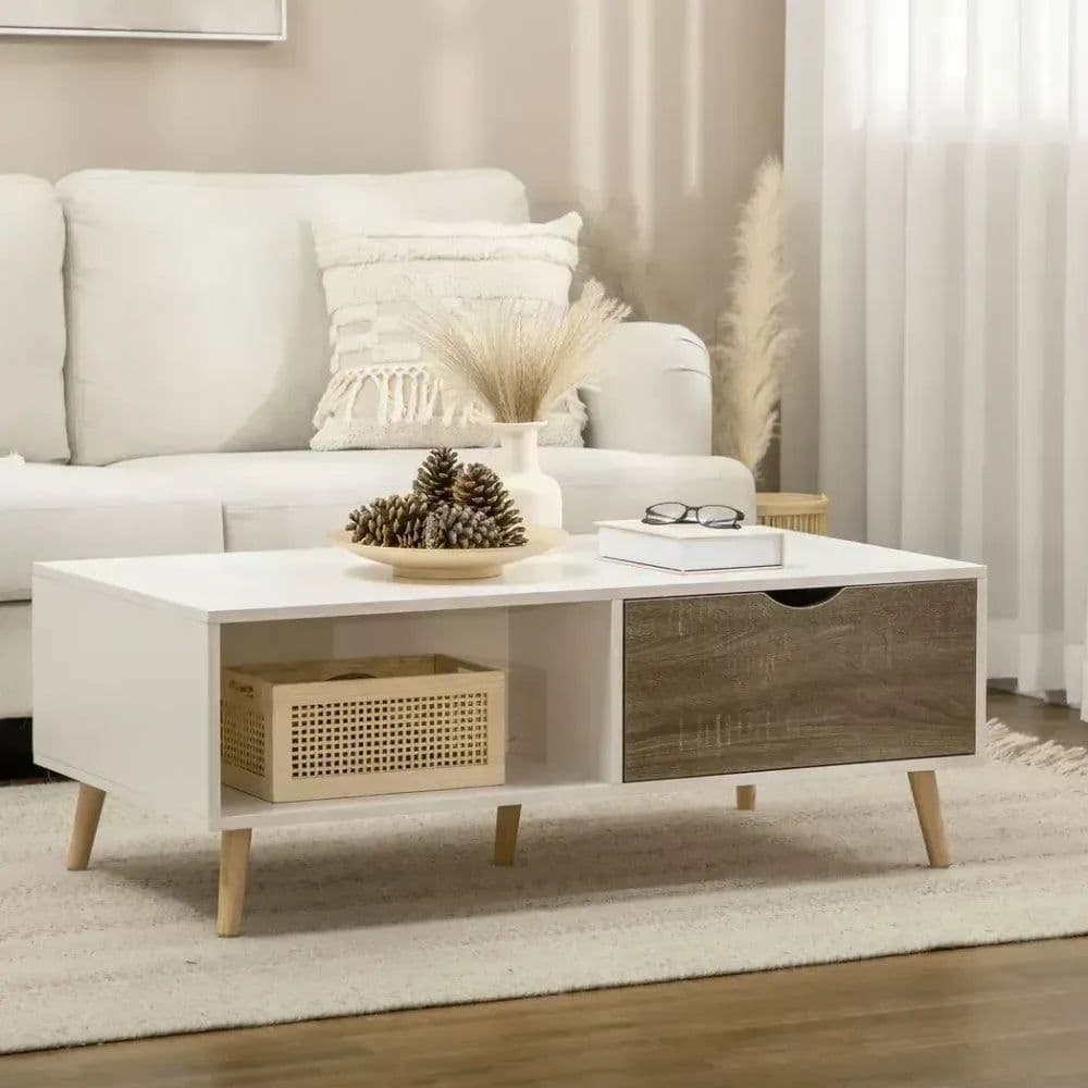 image-Modern Coffee Tables for Living Room w/ Storage Shelves, 2 Drawers, White