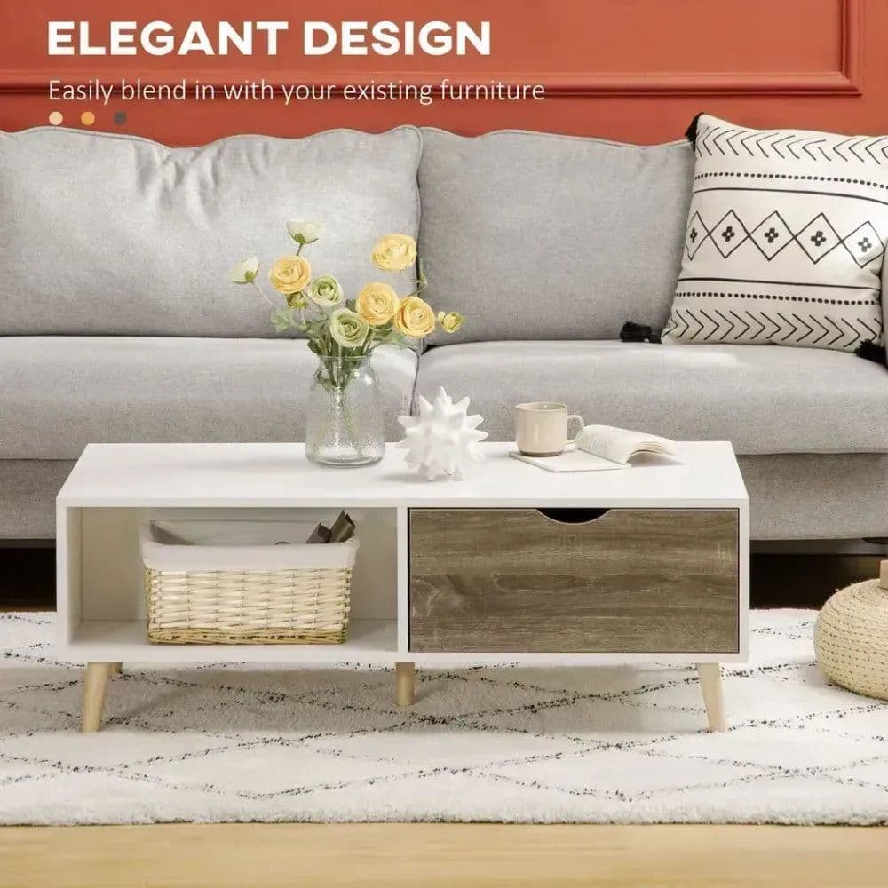 image-Modern Coffee Tables for Living Room w/ Storage Shelves, 2 Drawers, White