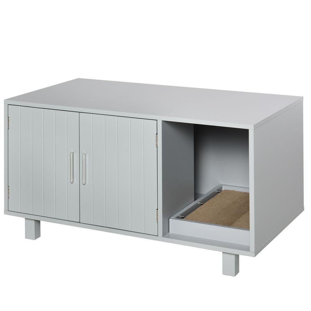 image-Indoor Feline Cat Box Furniture Kitty Table w/ Scratch & Magnetic Doors, Grey