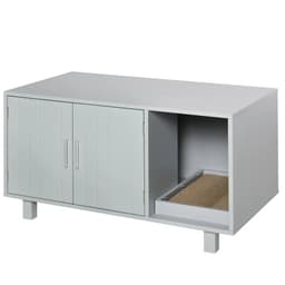 image-Indoor Feline Cat Box Furniture Kitty Table w/ Scratch & Magnetic Doors, Grey