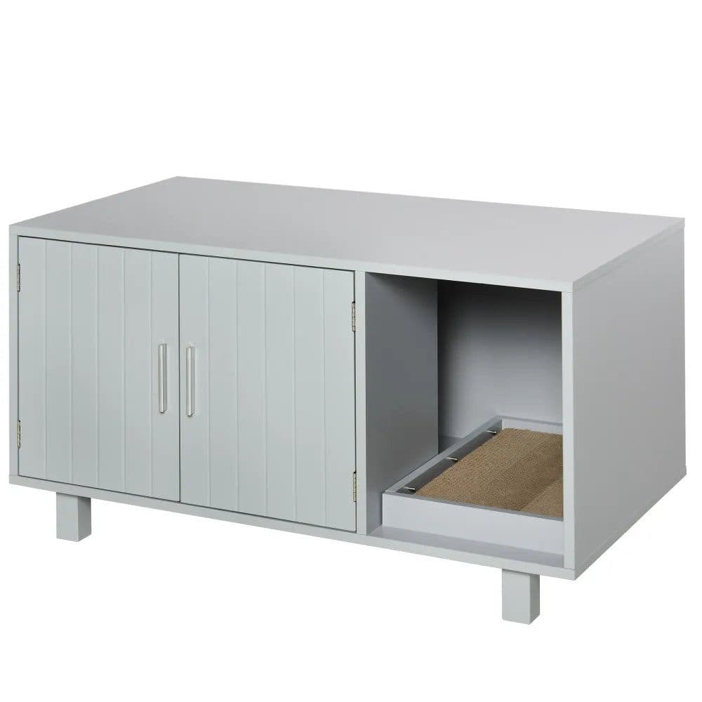 image-Indoor Feline Cat Box Furniture Kitty Table w/ Scratch & Magnetic Doors, Grey