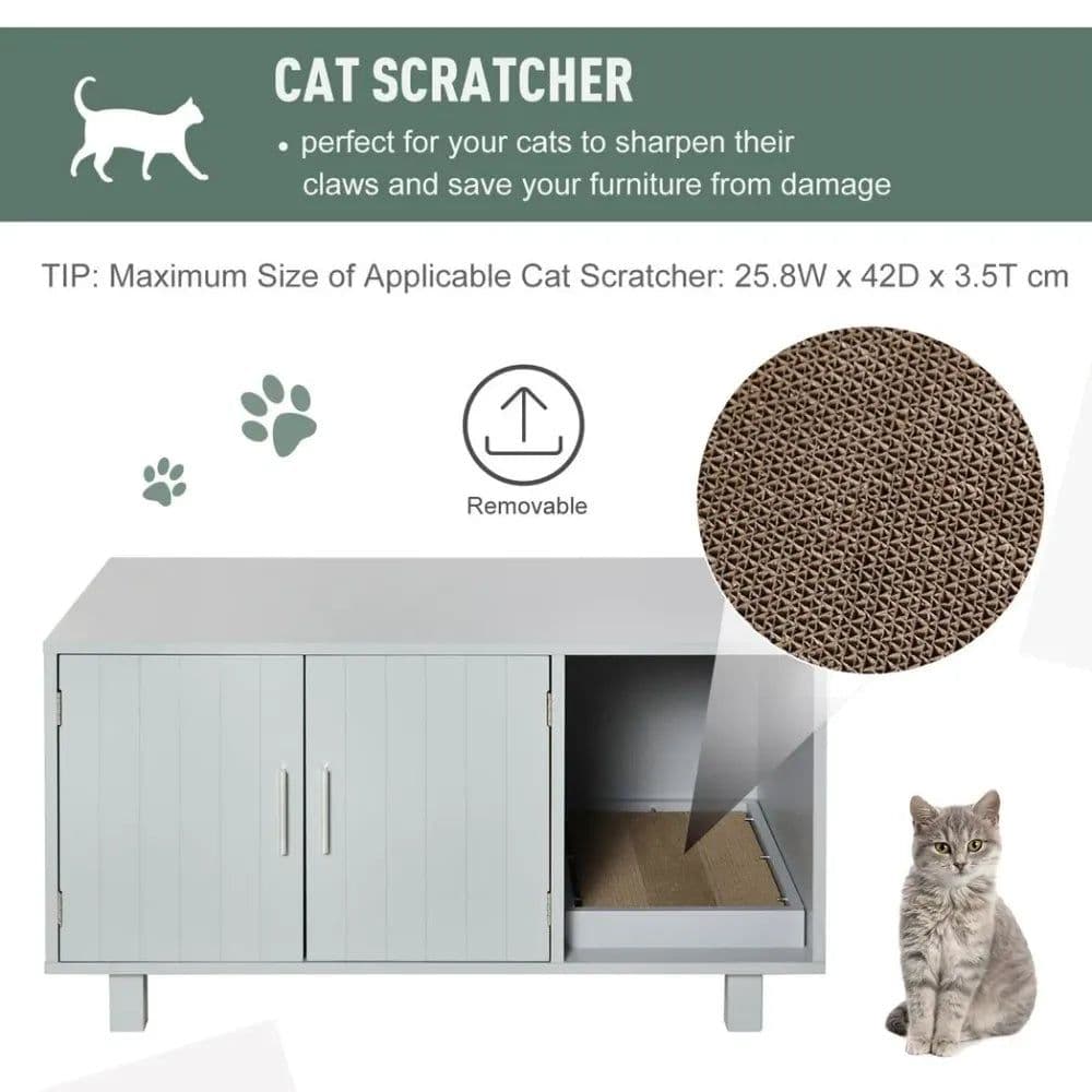 image-Indoor Feline Cat Box Furniture Kitty Table w/ Scratch & Magnetic Doors, Grey