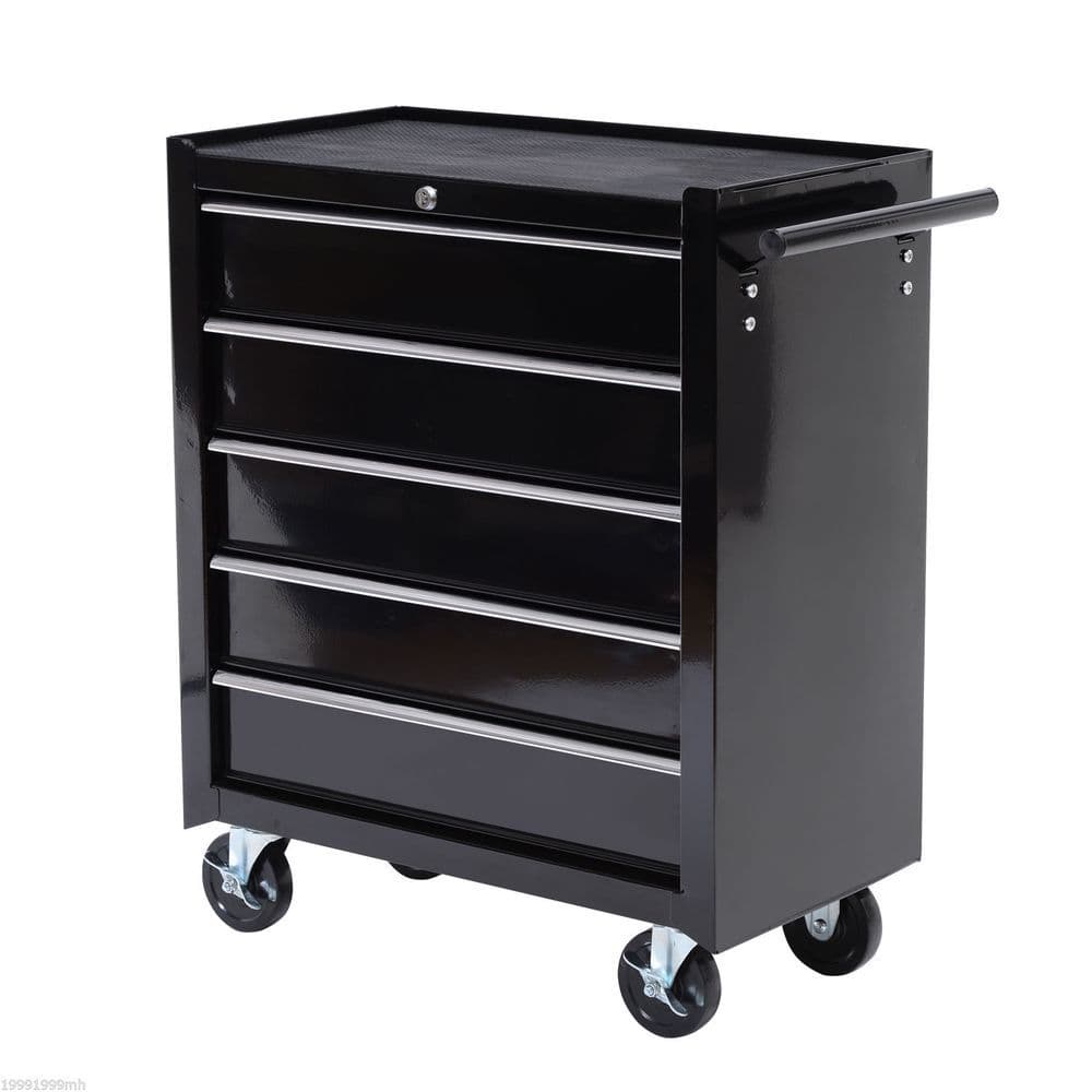 image-Steel 5-Drawer Tool Storage Cabinet Lockable w/ Wheels Handle 2 Keys Garage