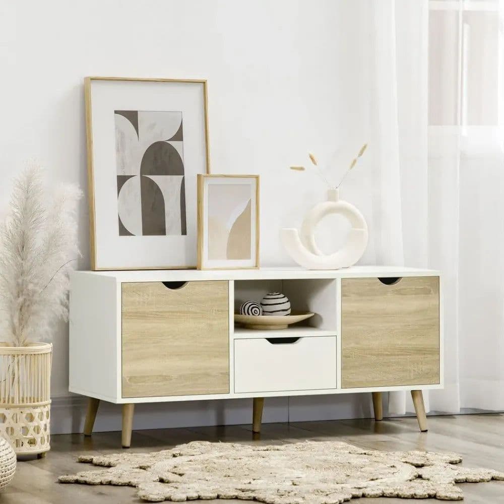 image-Modern TV Unit Cabinet Stand w/ Cabinets and Drawer for Living Room Natural