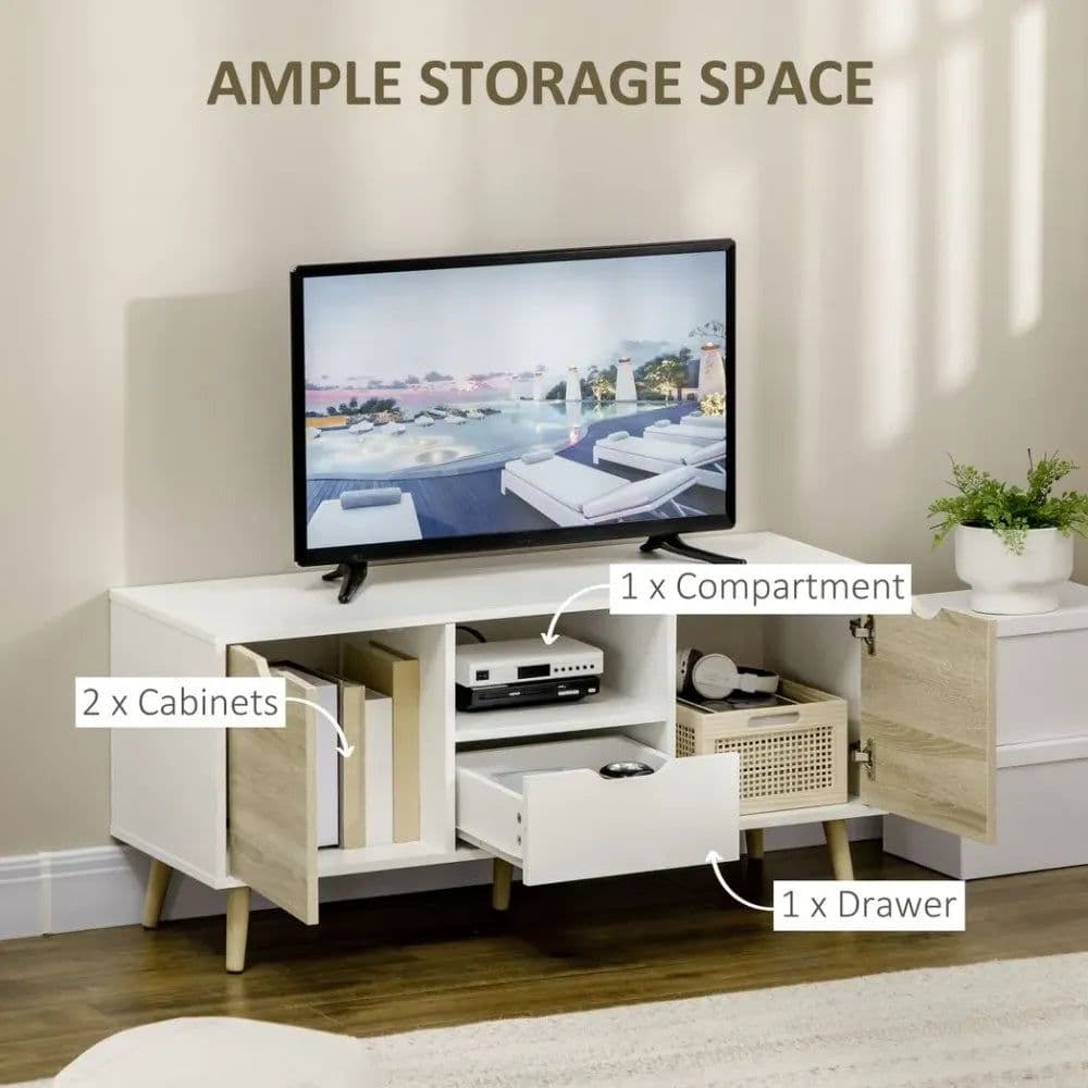 image-Modern TV Unit Cabinet Stand w/ Cabinets and Drawer for Living Room Natural