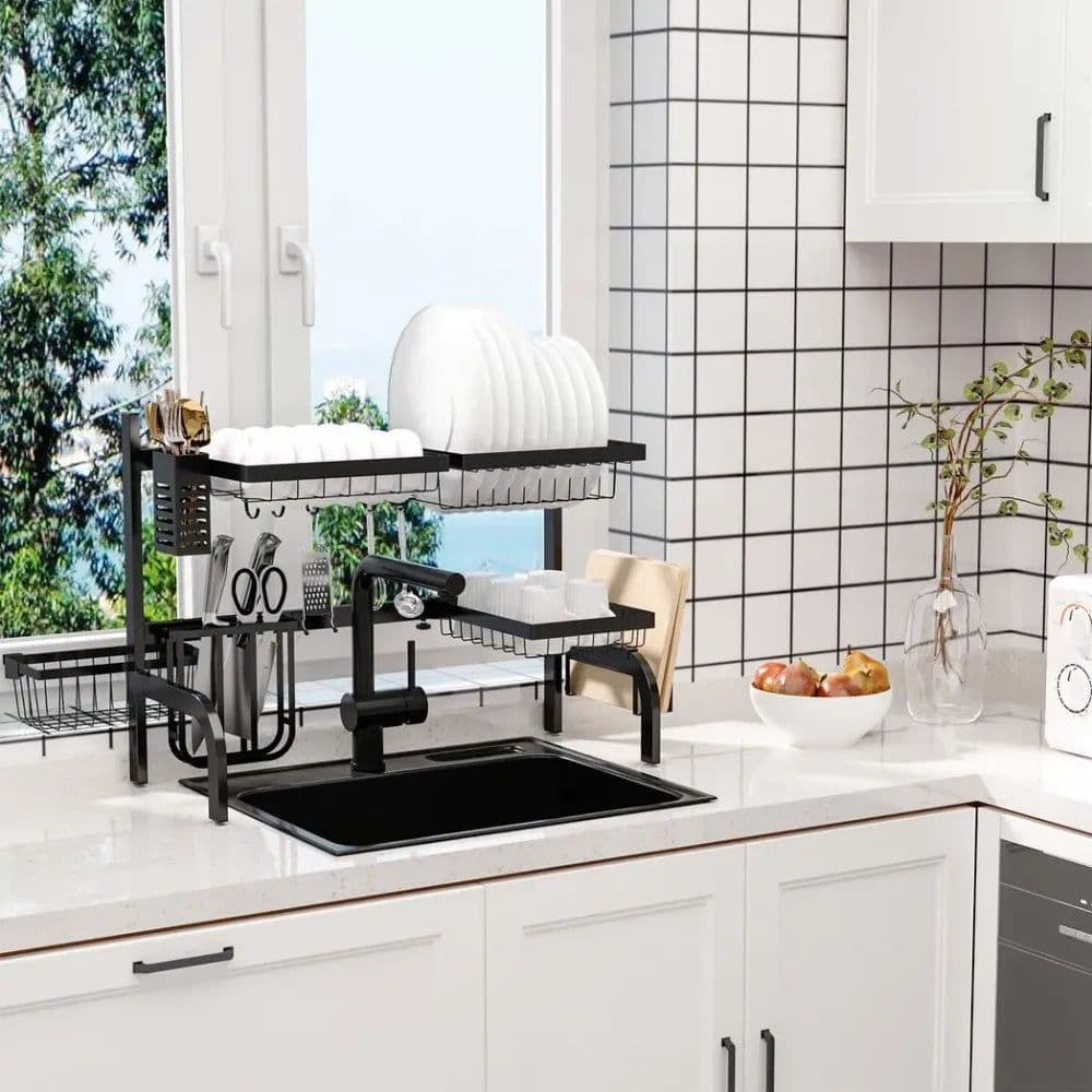 image-Space Saving Over The Sink Dish Drying Rack, 2 Tier Adjustable Dish Drainer