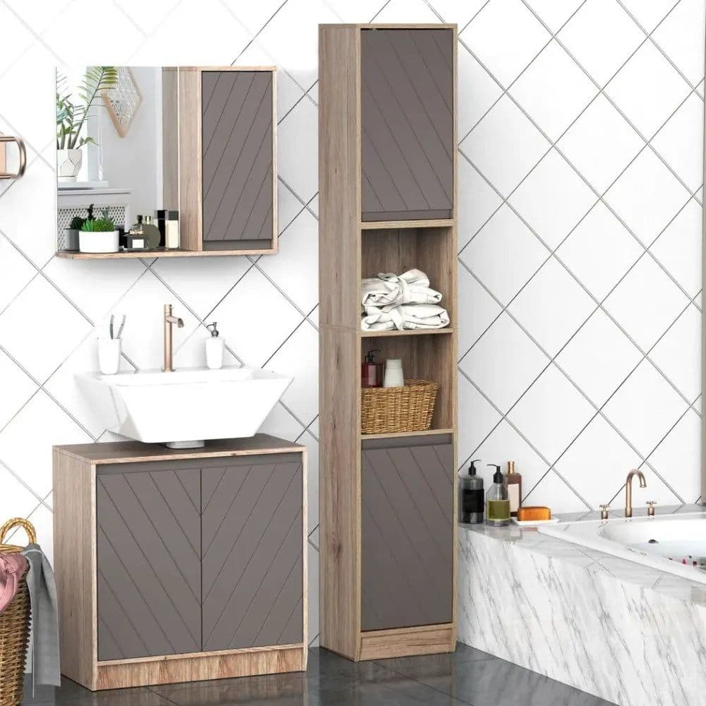 image-170cm Freestanding Storage Cabinet Slimline Unit w/ 2 Cupboards 2 Compartments