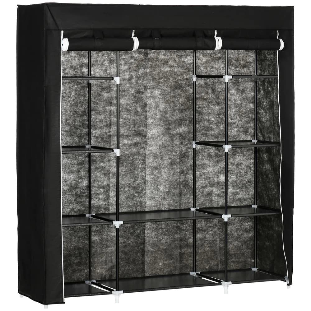 image-Fabric Wardrobe Portable Wardrobe with 10 Shelves 1 Hanging Rail Black