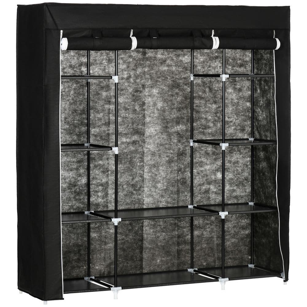 image-Fabric Wardrobe Portable Wardrobe with 10 Shelves 1 Hanging Rail Black