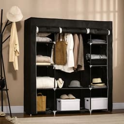 image-Fabric Wardrobe Portable Wardrobe with 10 Shelves 1 Hanging Rail Black