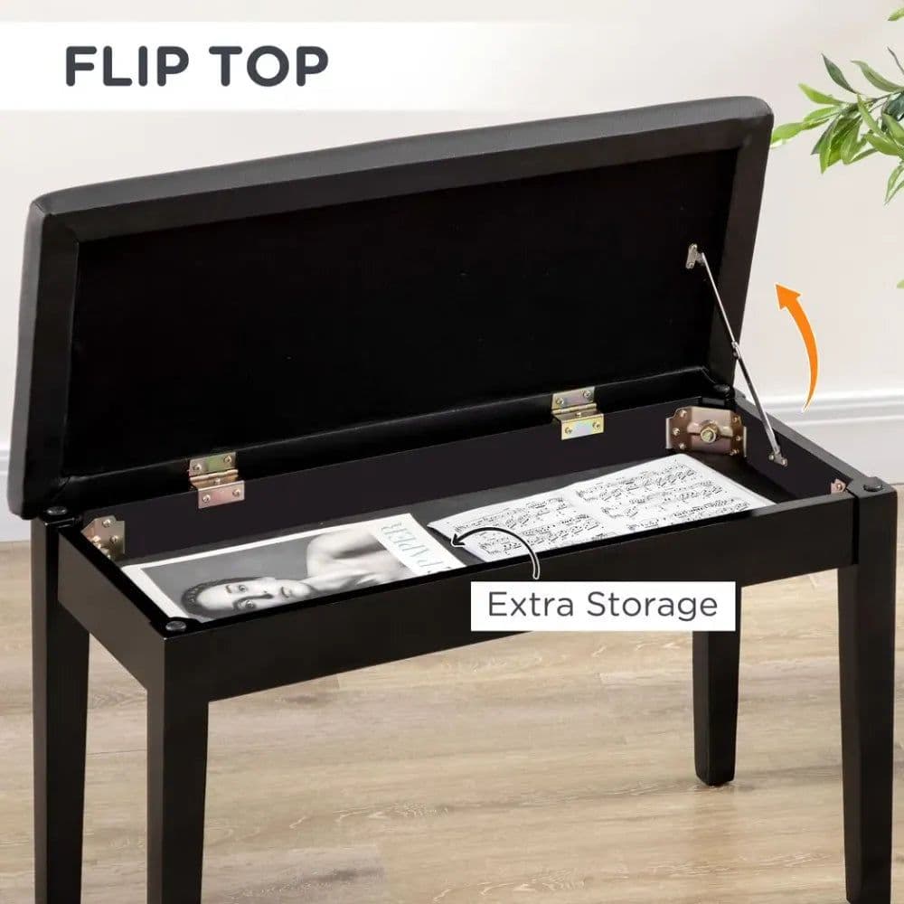 image-Classic Piano Bench Stool, PU Leather Keyboard Seat Rubber Wood Legs Black