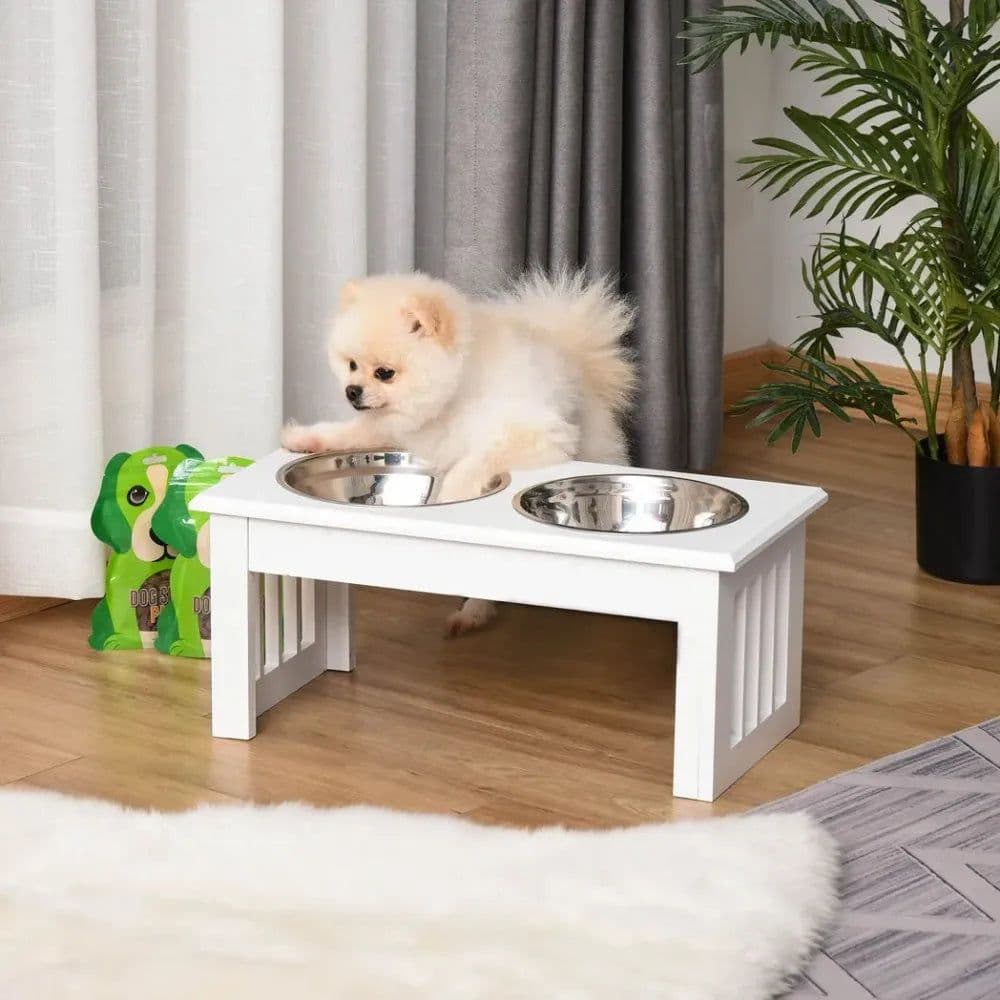 image-Pet Feeder Raised Elevated Stainless Steel Bowls Stand Food Water White Samll