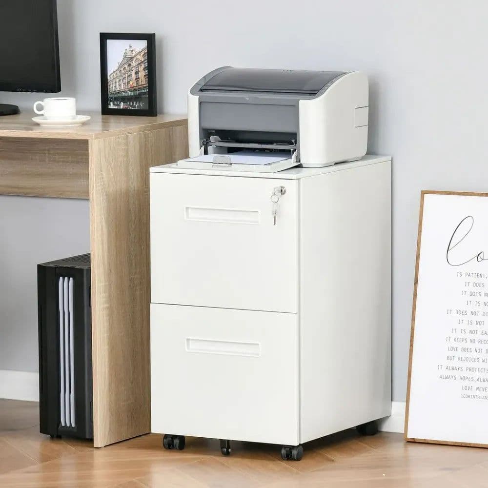 image-Mobile File Cabinet Home Filing Furniture with Adjustable Partition, Lock, White