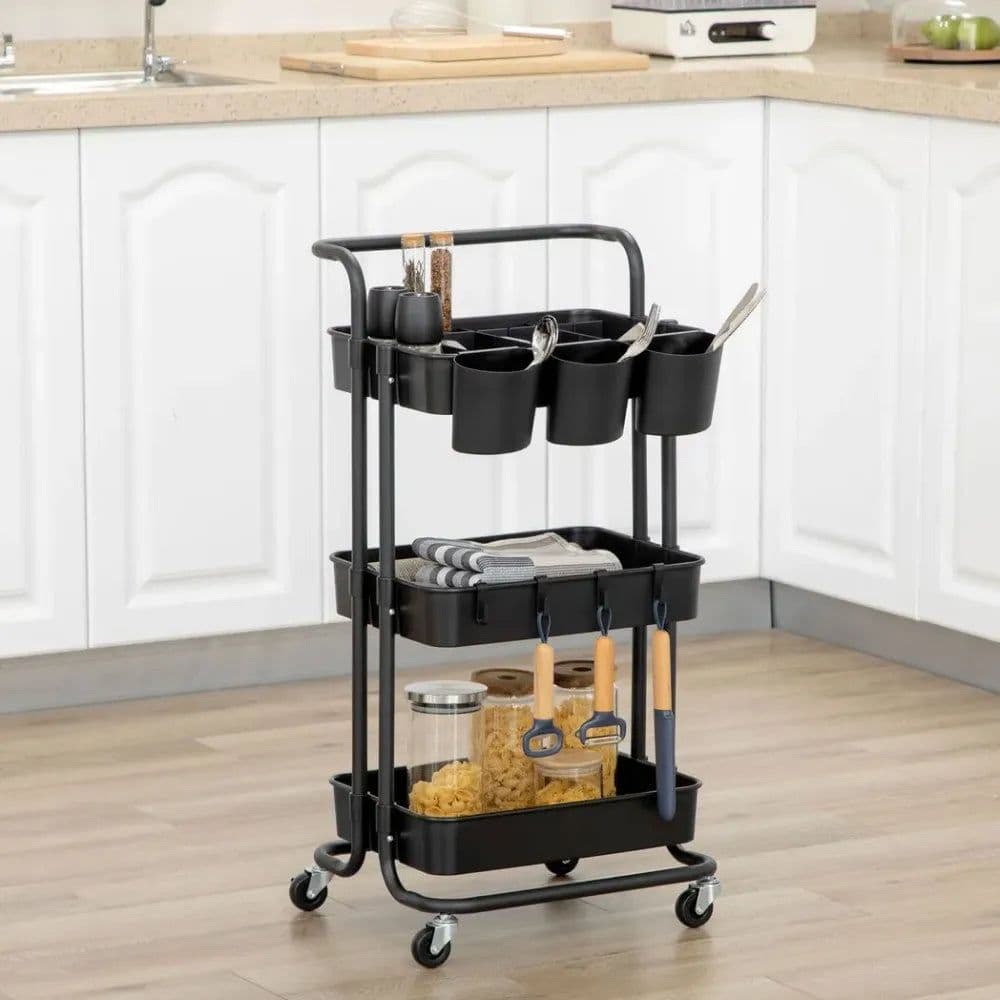 image-3-Tier Utility Cart, Serving Trolley with Mesh Baskets Removable Boxes, Black