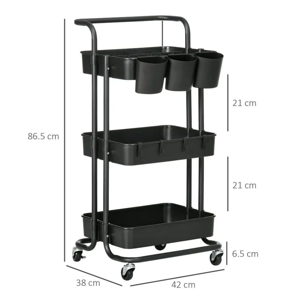 image-3-Tier Utility Cart, Serving Trolley with Mesh Baskets Removable Boxes, Black