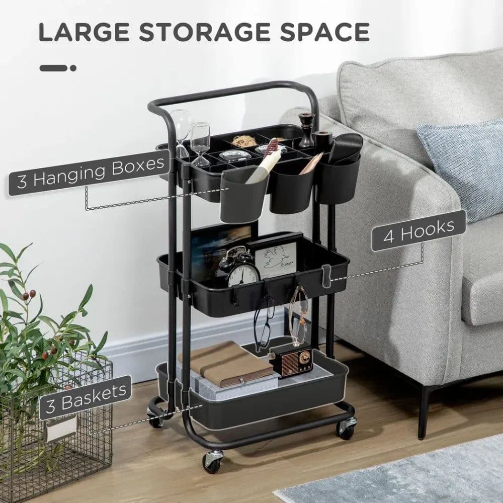 image-3-Tier Utility Cart, Serving Trolley with Mesh Baskets Removable Boxes, Black