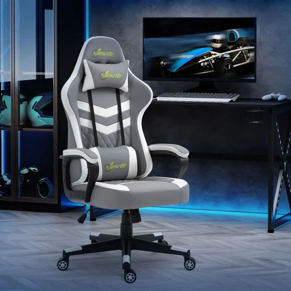 image-Racing Gaming Chair w/ Lumbar Support, Headrest, Gamer Office Chair, Grey White