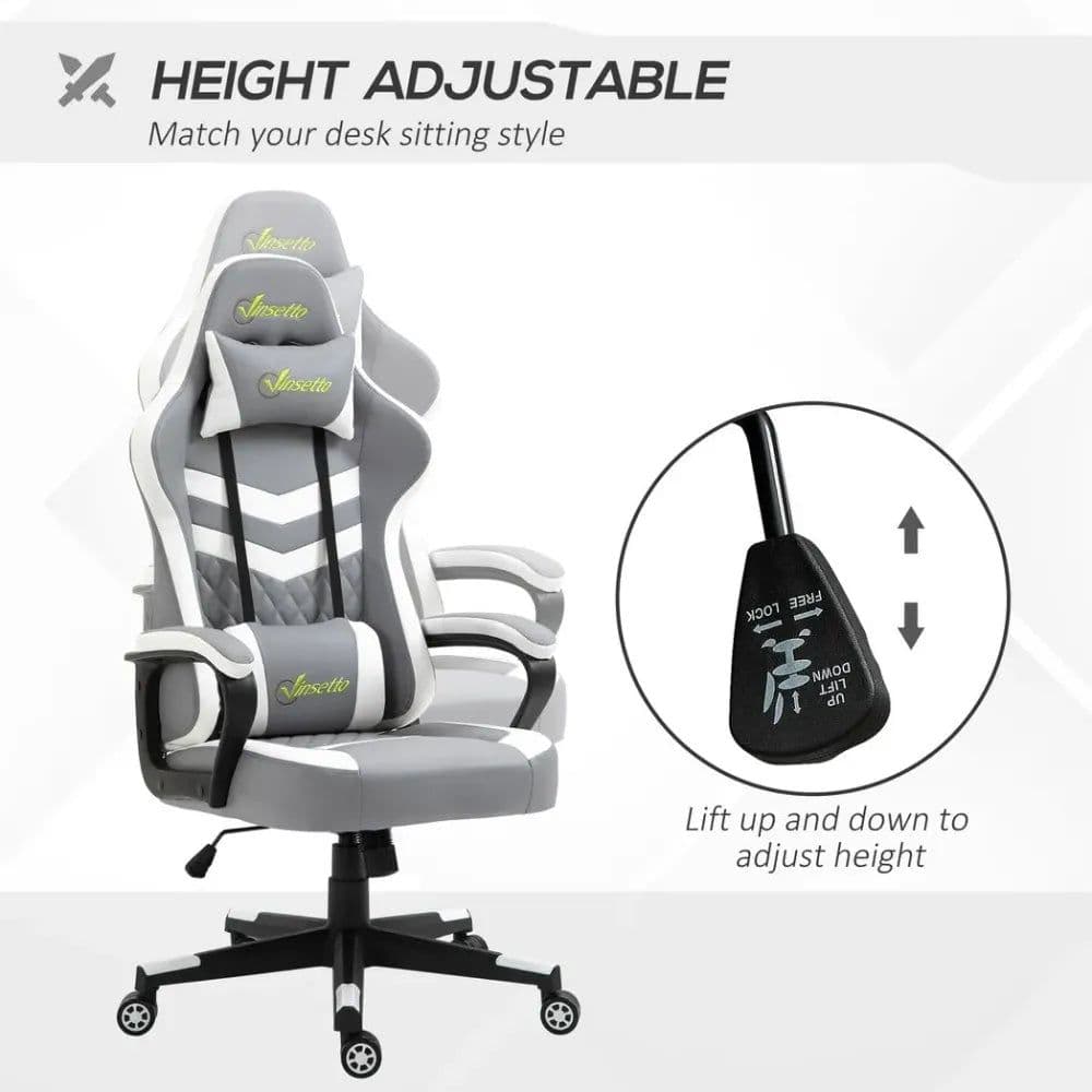 image-Racing Gaming Chair w/ Lumbar Support, Headrest, Gamer Office Chair, Grey White