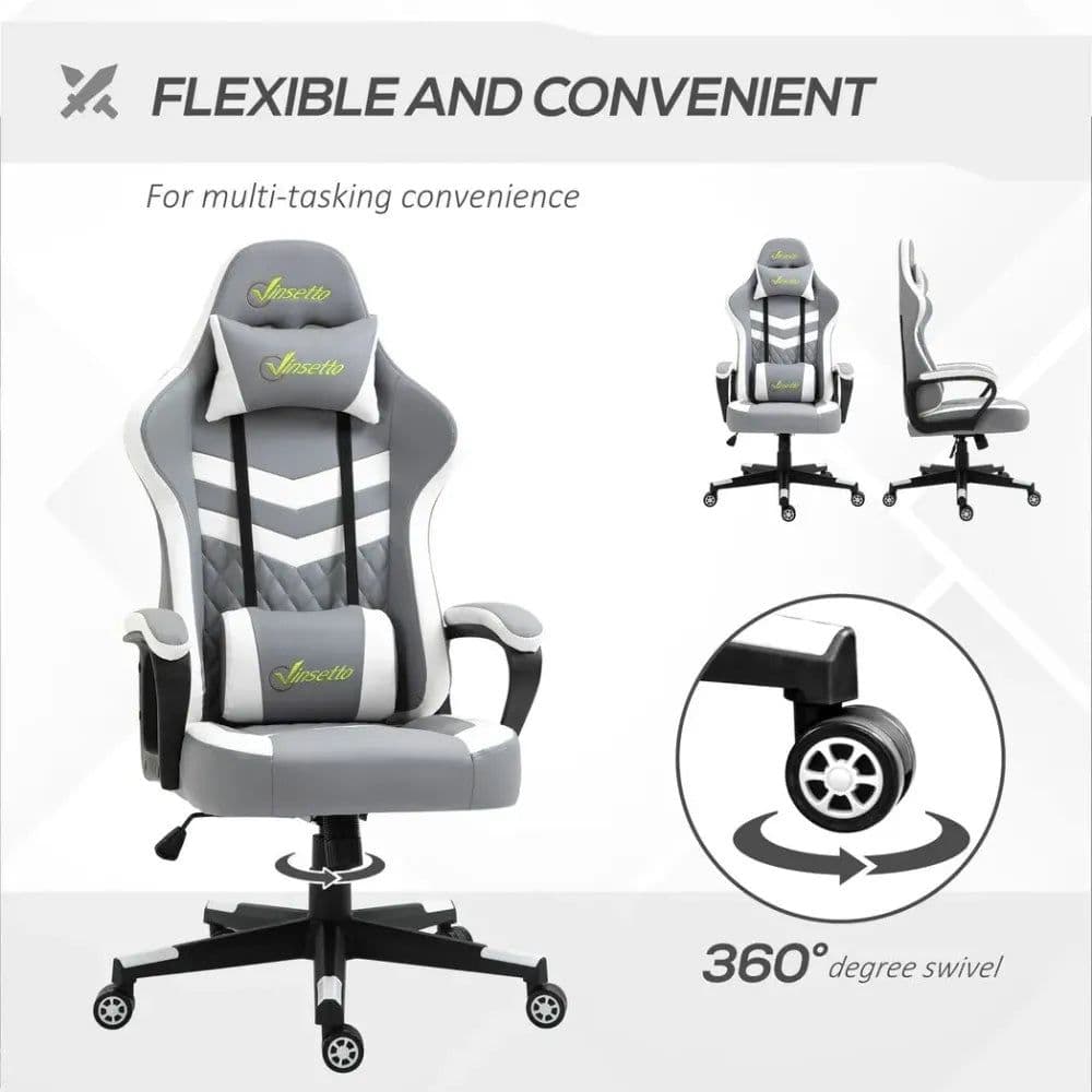 image-Racing Gaming Chair w/ Lumbar Support, Headrest, Gamer Office Chair, Grey White