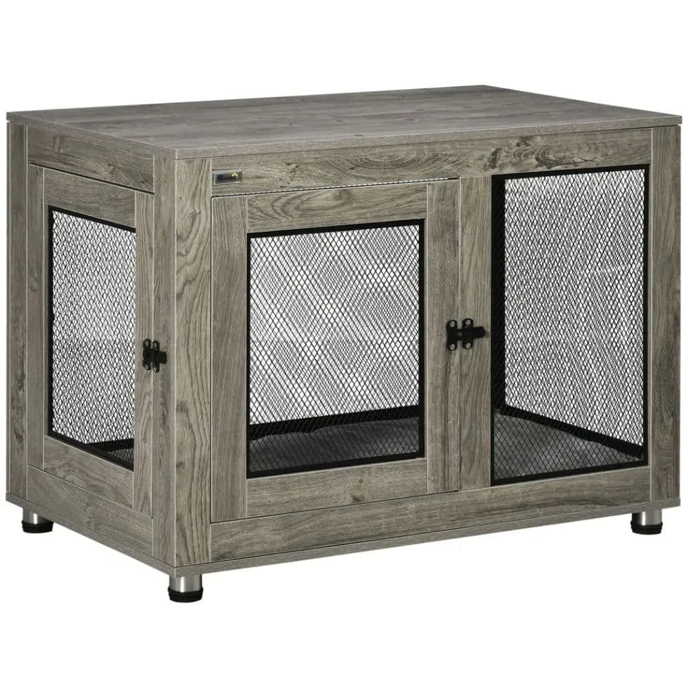 image-Dog Kennel Furniture End Table w/ Two Doors, Soft Cushion for Large Medium Dogs