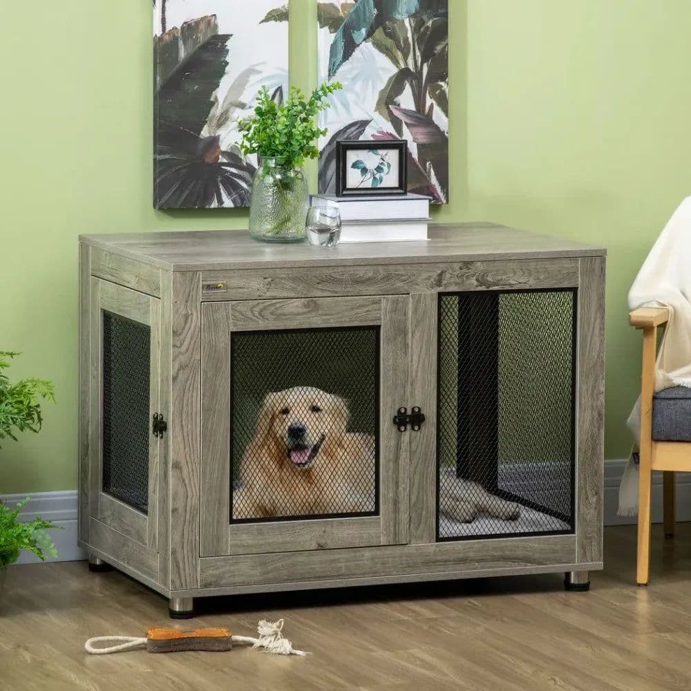 image-Dog Kennel Furniture End Table w/ Two Doors, Soft Cushion for Large Medium Dogs
