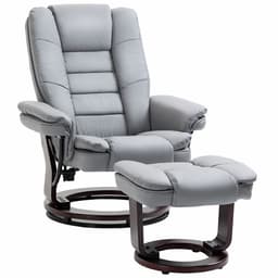 image-Swivel Manual Recliner and Footrest Set PU Lounge Chair Wood Base, Grey