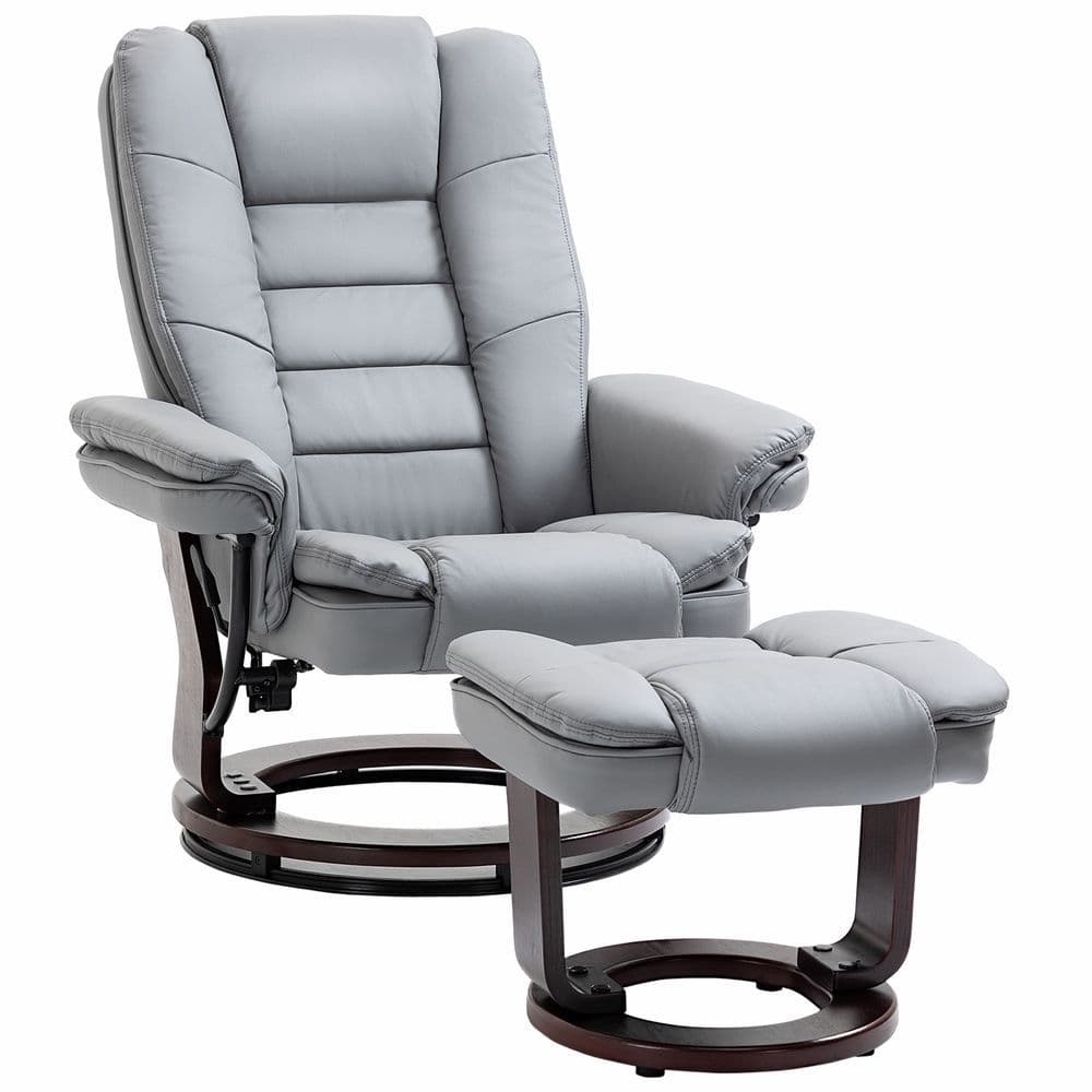 image-Swivel Manual Recliner and Footrest Set PU Lounge Chair Wood Base, Grey