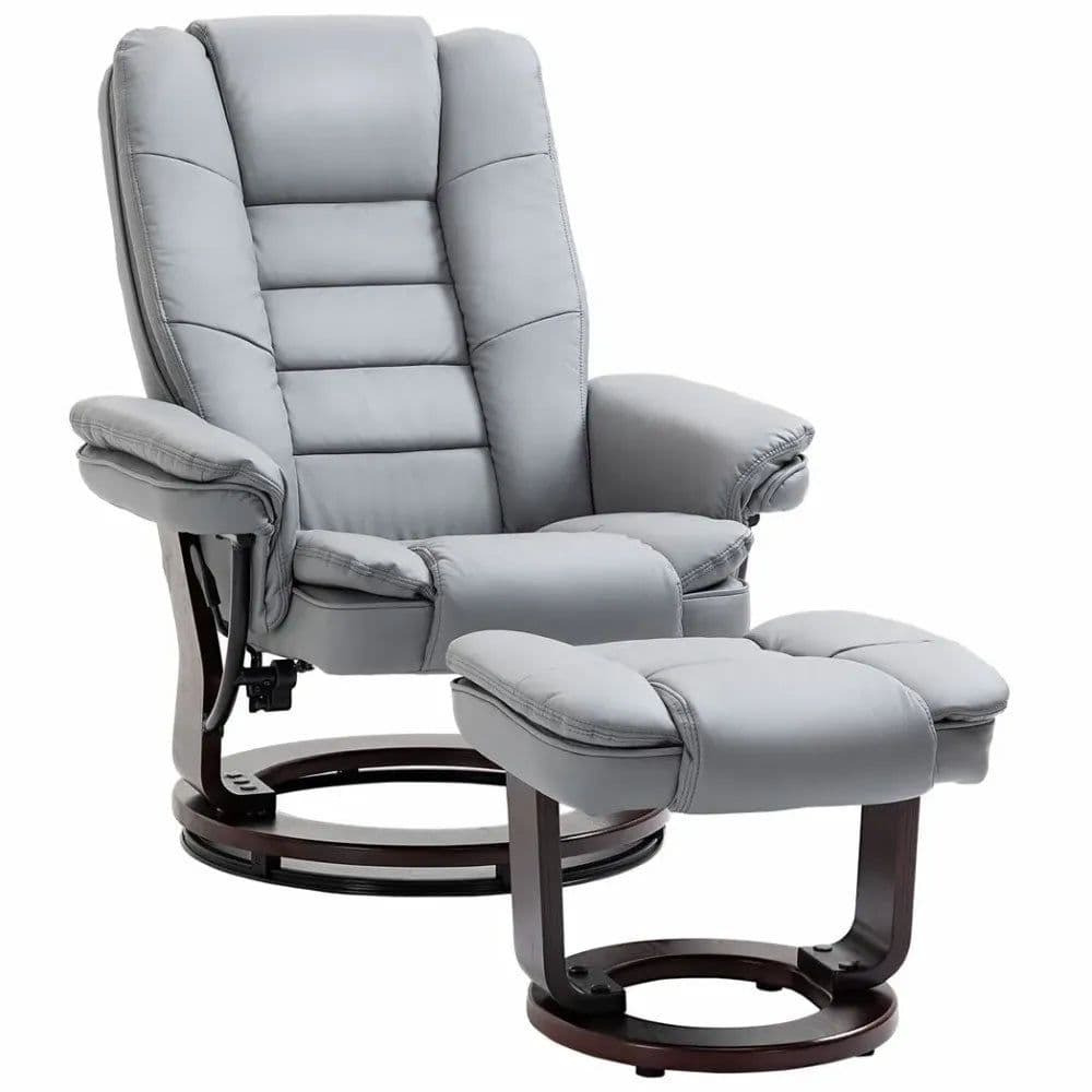 image-Swivel Manual Recliner and Footrest Set PU Lounge Chair Wood Base, Grey