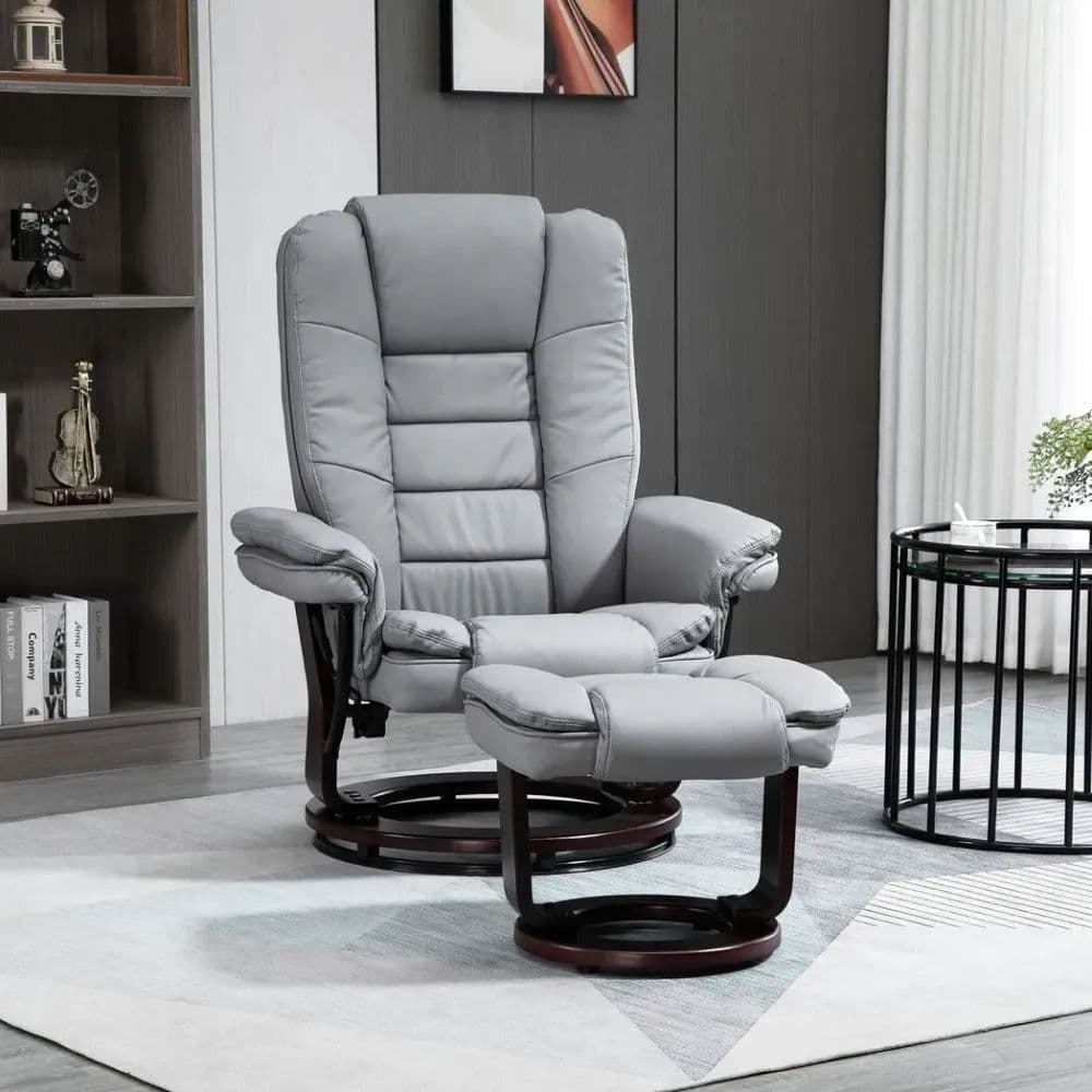 image-Swivel Manual Recliner and Footrest Set PU Lounge Chair Wood Base, Grey