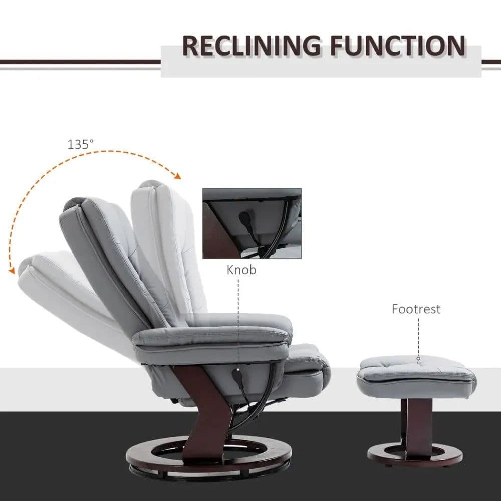 image-Swivel Manual Recliner and Footrest Set PU Lounge Chair Wood Base, Grey