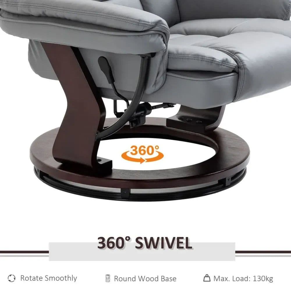image-Swivel Manual Recliner and Footrest Set PU Lounge Chair Wood Base, Grey