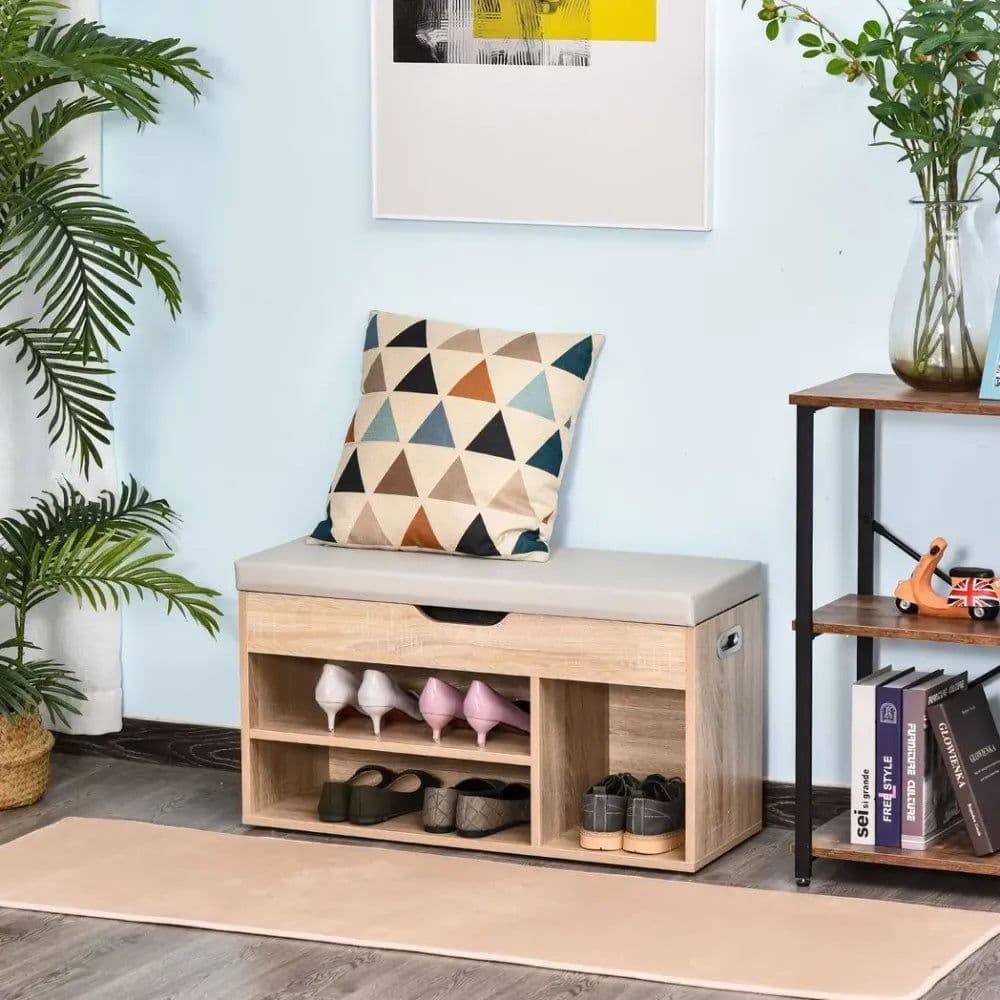 image-Sit-On Shoe Storage w/ Hidden Compartment Handles Sponge Top 80x30x43 cm Grey