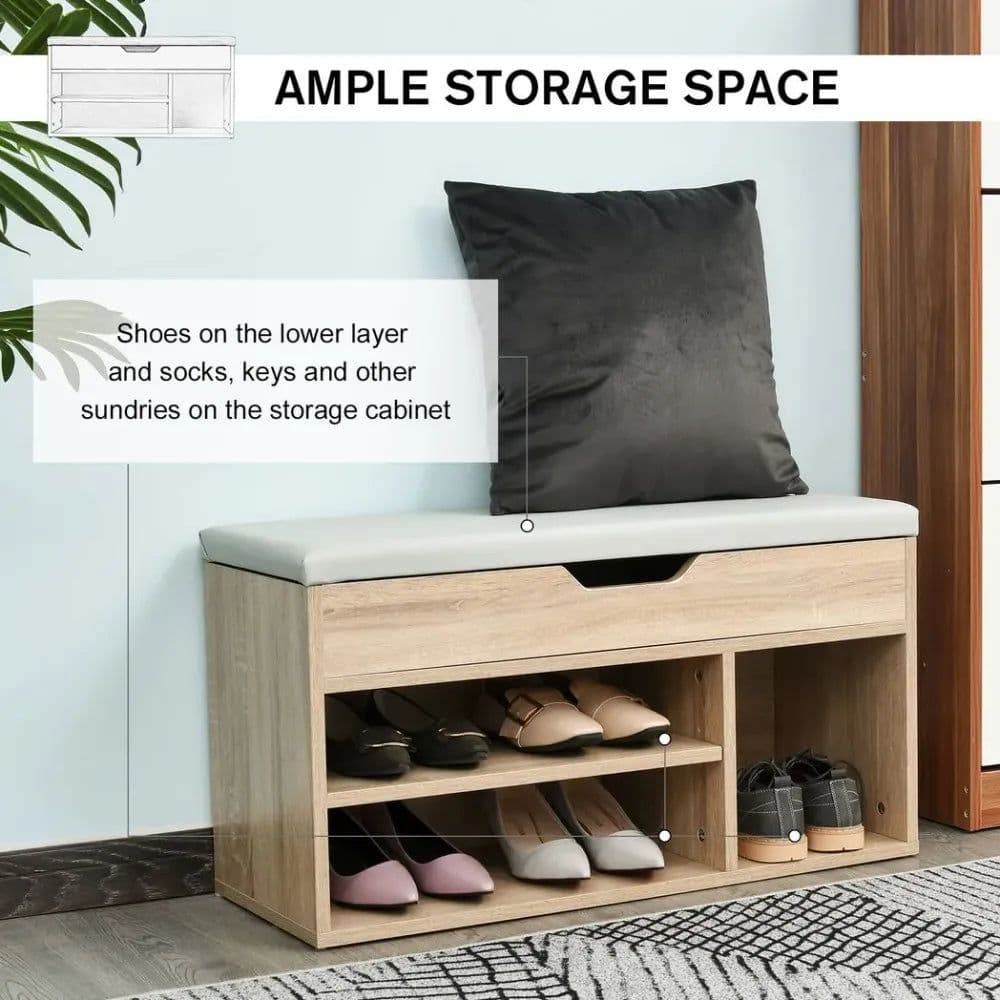 image-Sit-On Shoe Storage w/ Hidden Compartment Handles Sponge Top 80x30x43 cm Grey