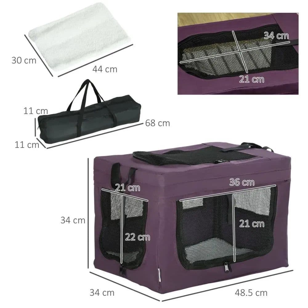 image-48.5cm Foldable Pet Carrier, Cat Bag w/ Cushion, for Miniature Dogs - Purple