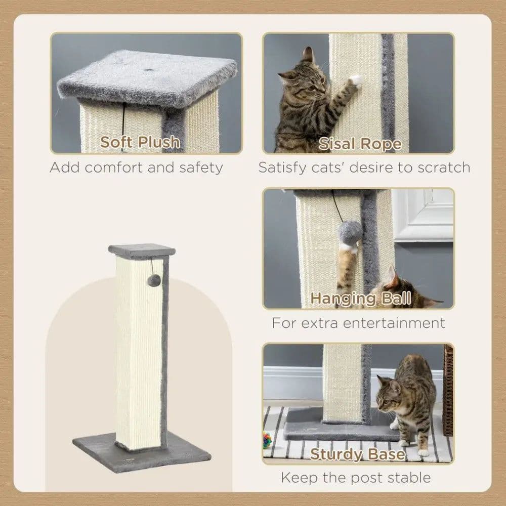 image-Cat Scratching Post 81cm Cat Scratcher w/ Natural Sisal Rope Hanging Ball Grey