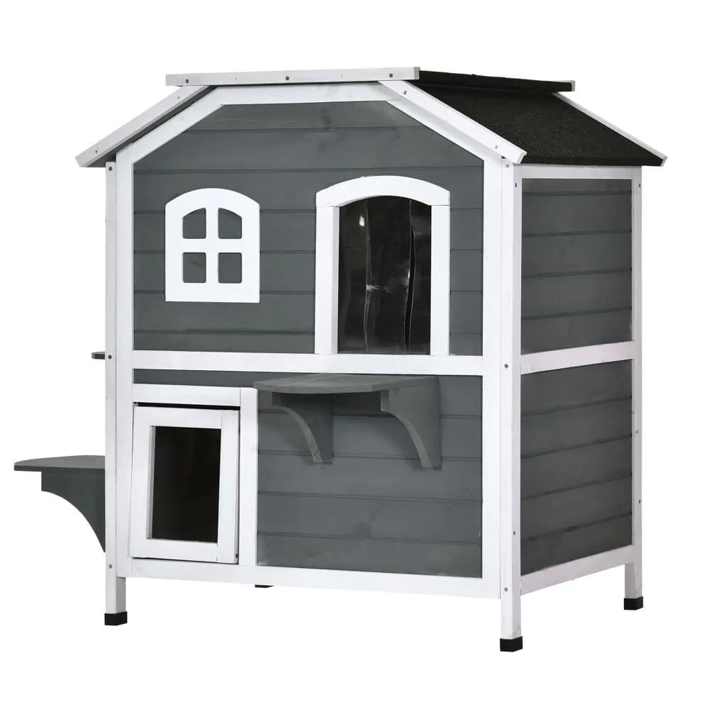 image-Cat Condo w/ Tons of Room & Openable Roof, Fir Wood, Outdoor/Indoor Catio Grey