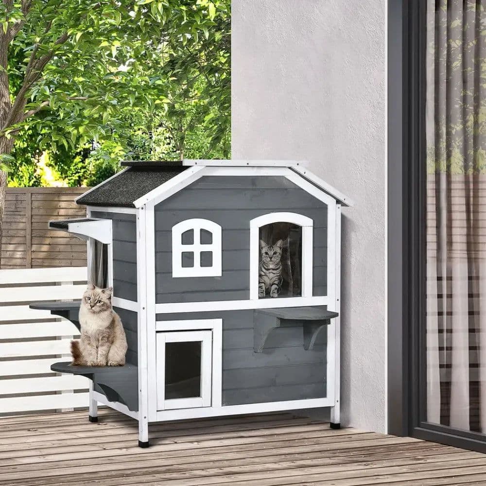 image-Cat Condo w/ Tons of Room & Openable Roof, Fir Wood, Outdoor/Indoor Catio Grey