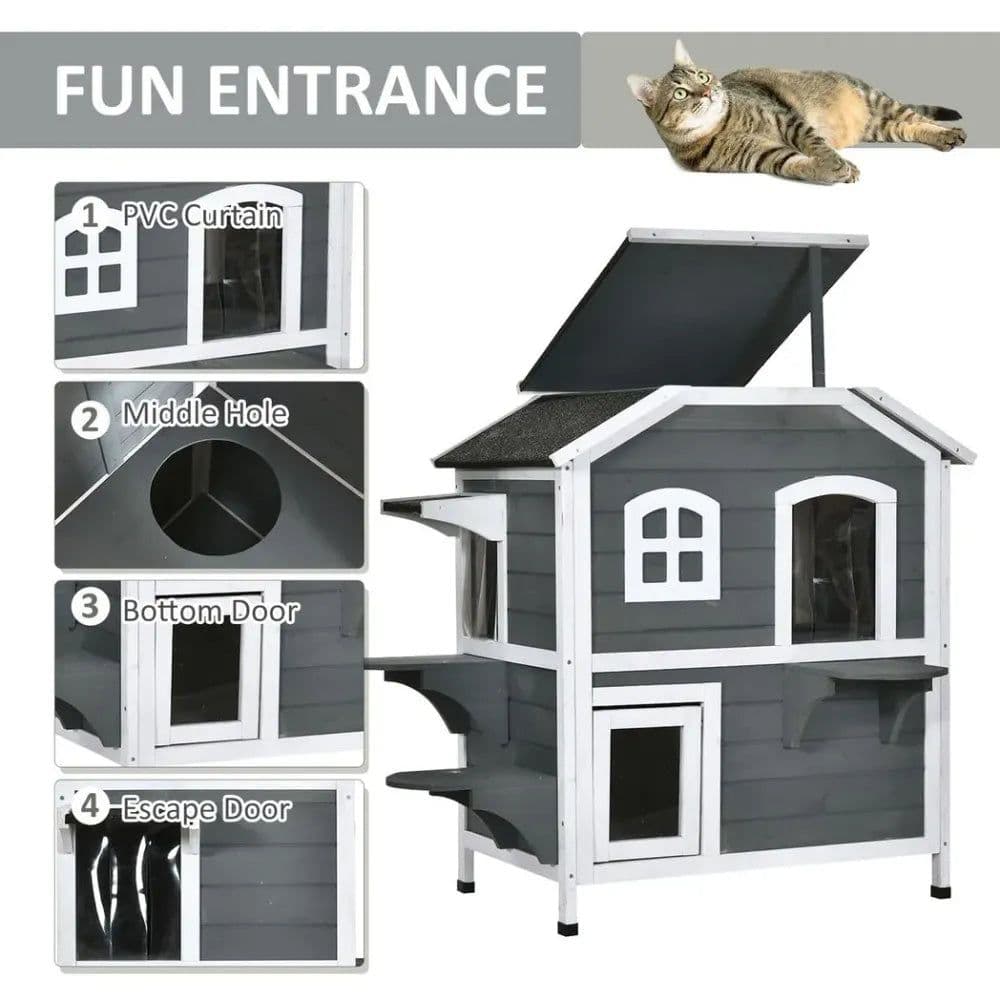 image-Cat Condo w/ Tons of Room & Openable Roof, Fir Wood, Outdoor/Indoor Catio Grey