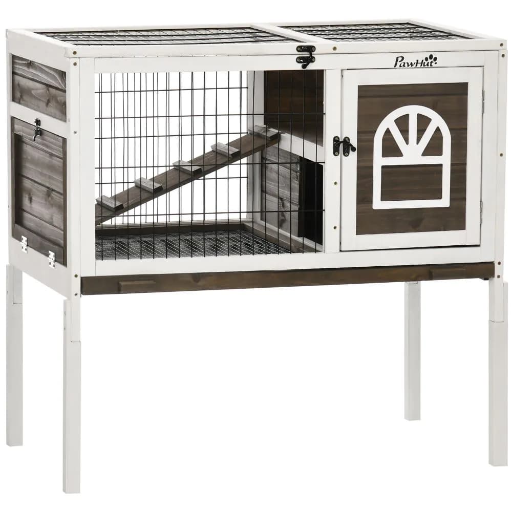 image-Rabbit Hutch Guinea Pig Cage with Slide-out Tray Openable Roof for Indoor Use