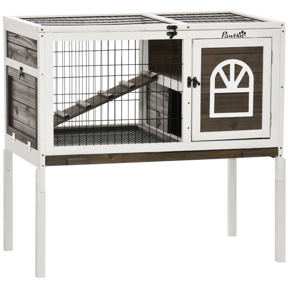 image-Rabbit Hutch Guinea Pig Cage with Slide-out Tray Openable Roof for Indoor Use