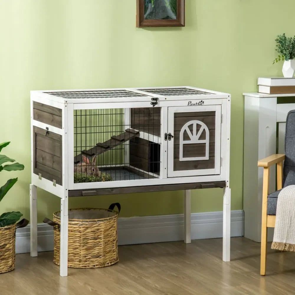 image-Rabbit Hutch Guinea Pig Cage with Slide-out Tray Openable Roof for Indoor Use