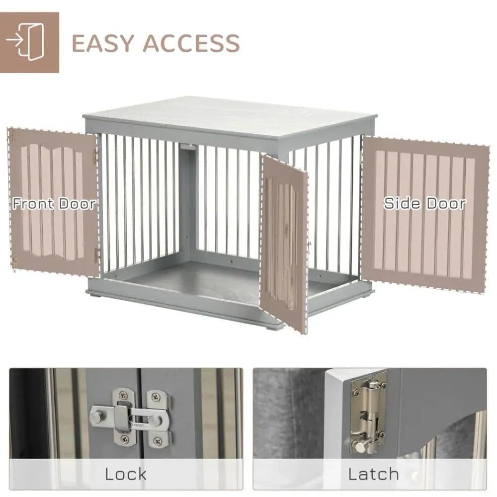 image-Wood Dog Crate Furniture W/ Three Doors, Locks & Latches, for Medium Dogs
