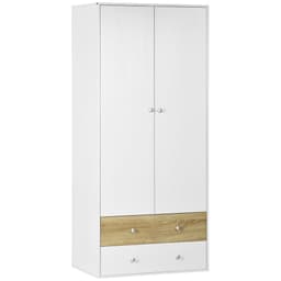 image-2 Door Wardrobe White Wardrobe with Drawers and Hanging Rod for Bedroom