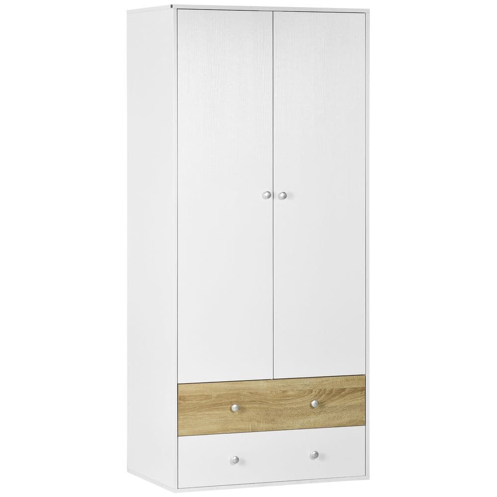 image-2 Door Wardrobe White Wardrobe with Drawers and Hanging Rod for Bedroom