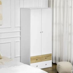 image-2 Door Wardrobe White Wardrobe with Drawers and Hanging Rod for Bedroom