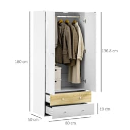 image-2 Door Wardrobe White Wardrobe with Drawers and Hanging Rod for Bedroom